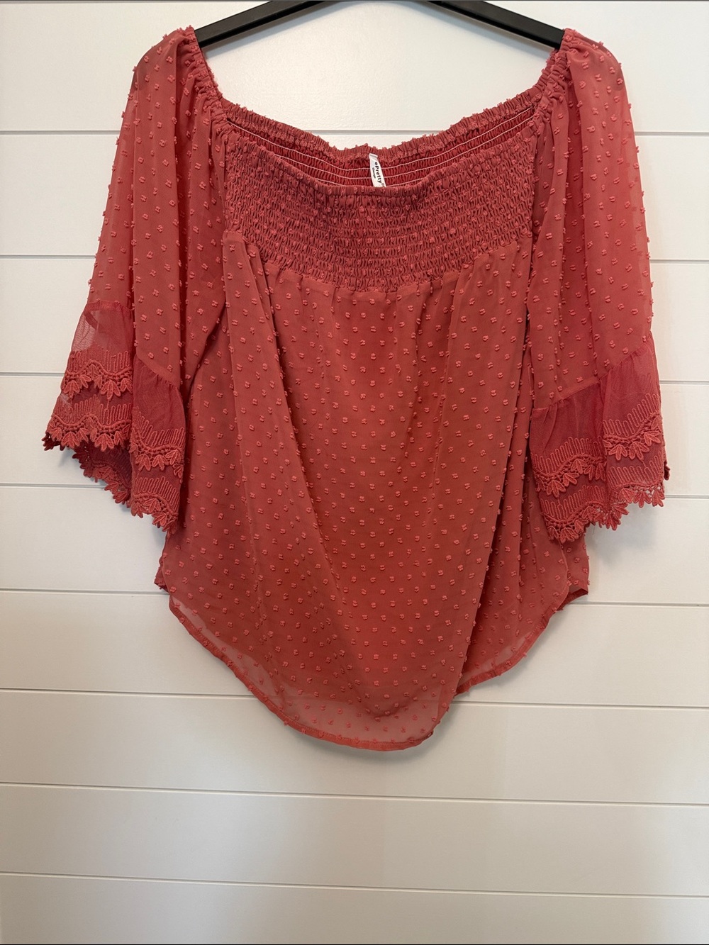 ePretty muted Coral Textured Off-Shoulder Peasant Blouse